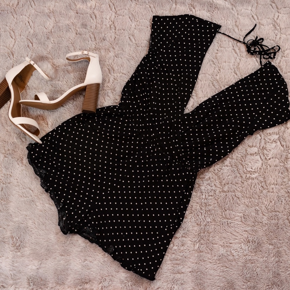 Charlotte Russe black polka dot romper back tie